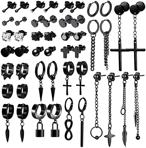 Crne naušnice za muškarce, 48 komada, male naušnice s obručem od nehrđajućeg čelika, naušnice s križem za muškarce, set naušnica
