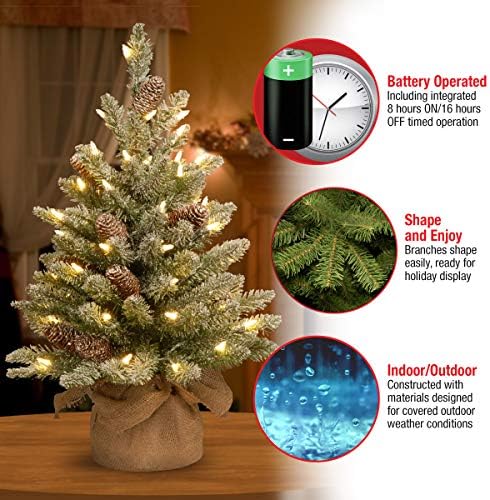 Nacionalna tvrtka za drvo unaprijed osvijetljeno umjetno mini božićno drvce | Uključuje mala bijela LED svjetla i baza s
