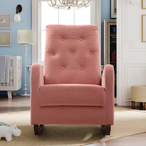 Ružičasta moderna stolica s hrpom iz sredine stoljeća, udobna dječja stolica za ljuljanje od tkanine sa bočnim džepom za