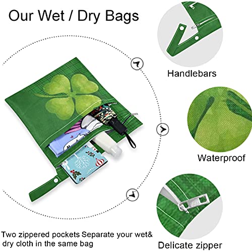 2pcs zelena djetelina list mokra torba s džepovima s patentnim zatvaračem, periva, višekratna, prostrana za putovanja, plažu,