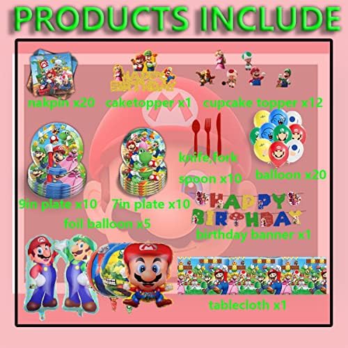 Super Mario rođendanski pribor, rođendanski pribor uključuje transparente, tanjure, stolnjak, vilice, žlice, poklopac za