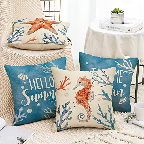 Fahrendom Hello Summer Starfish Seahorse Obalni ukrasni jastuk za bacanje jastuka 18 x 18 set od 4, Coral Conch Shell trijem,