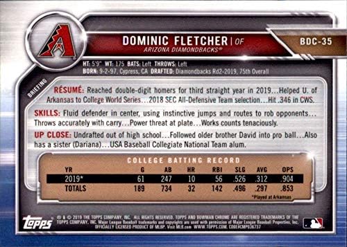 2019. Bowman Chrome nacrt BDC-35 Dominic Fletcher RC Rookie Arizona Diamondbacks MLB Trgovačka kartica za bejzbol