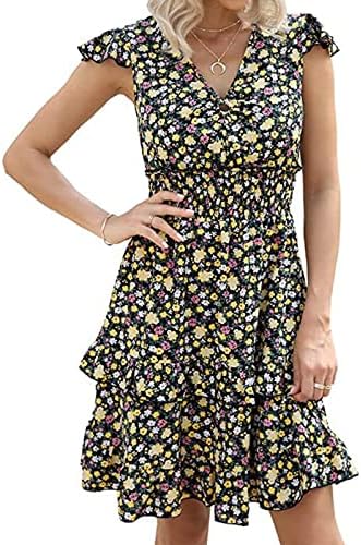 Ženska ljetna ležerna Mini haljina s izrezom u obliku slova u i cvjetnim printom i volanima na rukavima, Mini haljina za
