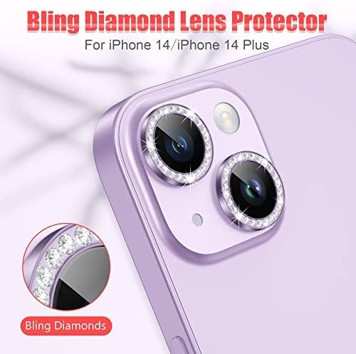 Agvee 3+3 za iPhone 14 6.1 / 14 Plus 6.7 zaštitnik kamere, Bling Diamond & Bling Glitter Metal Ring 9h temperirani HD stakleni